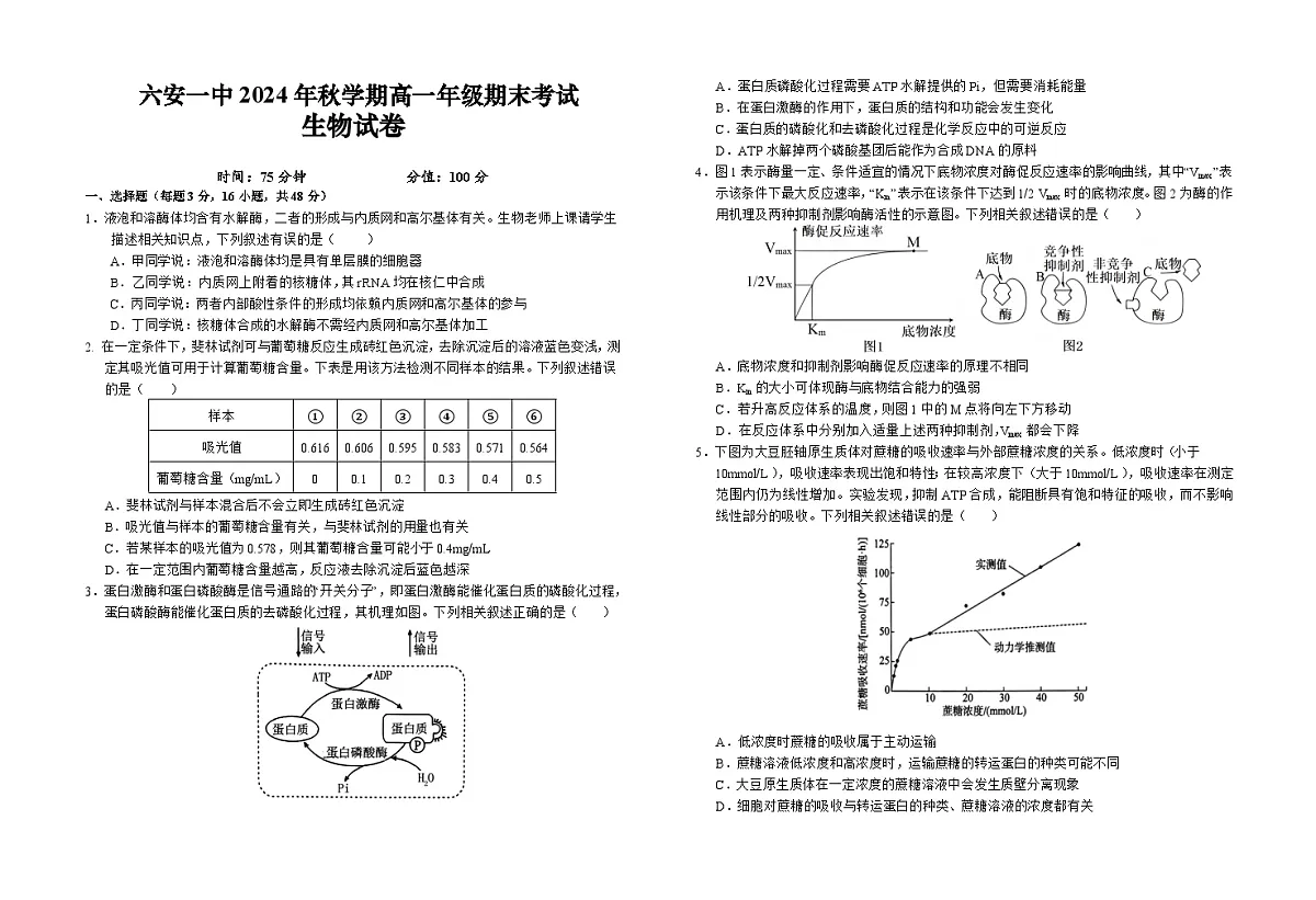 安徽省六安市金安区安徽省六安第一中学2024-2025学年高一上学期1月期末生物试题第1页