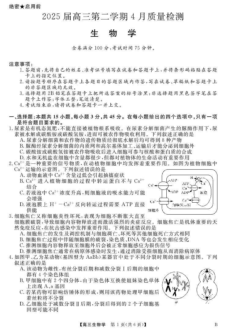 2025届安徽师范大学附属中学高三下学期4月质量检测生物试题第1页