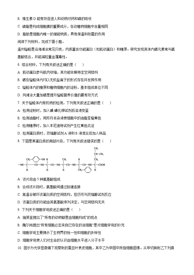 浙江省浙南名校联盟2025-2026学年高一上学期11月期中生物试题 Word版无答案第2页