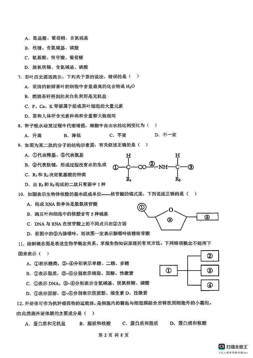 四川省彭州市濛阳中学2025—2026学年高一上学期期中考试生物试题第2页