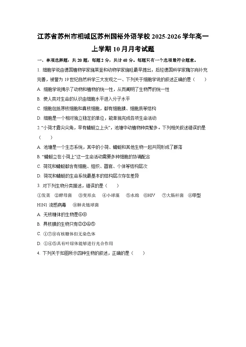江苏省苏州市相城区苏州国裕外语学校2025-2026学年高一上学期10月月考生物试卷(学生版)第1页