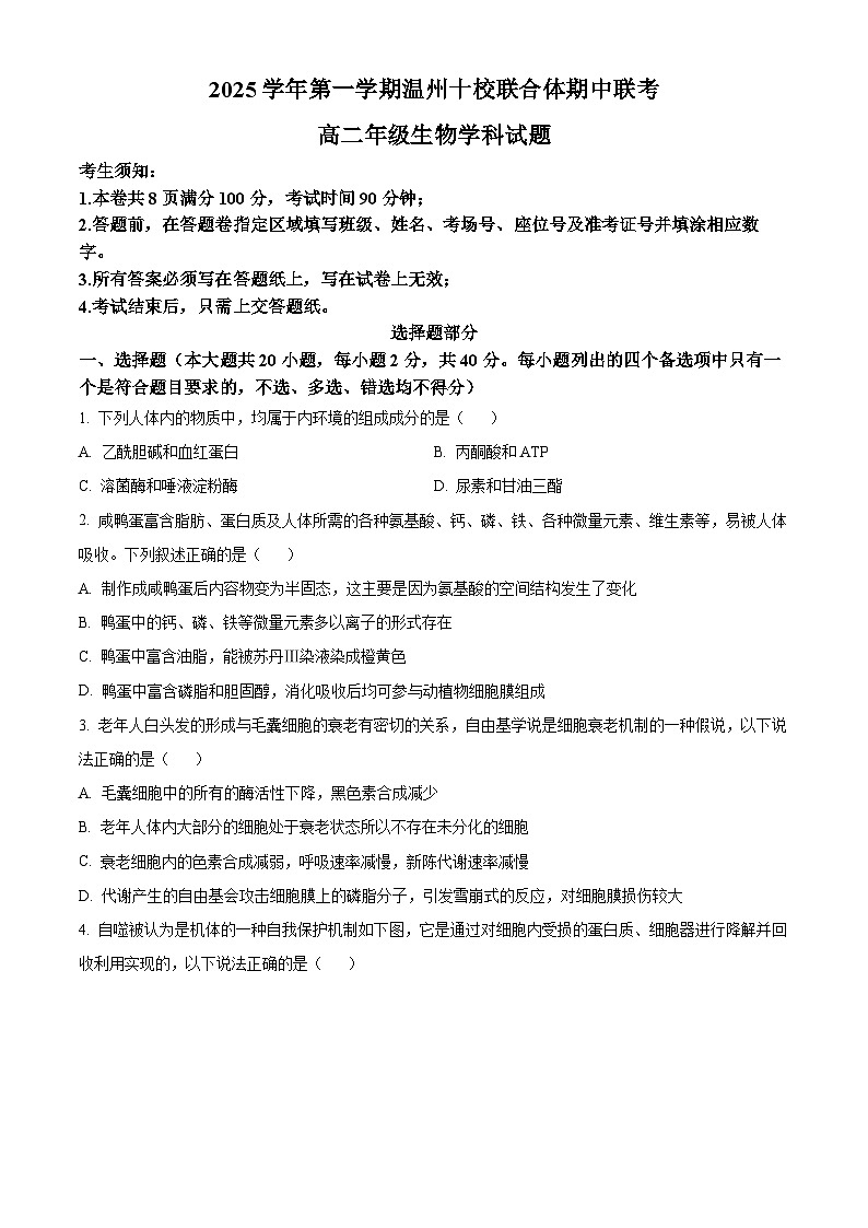 浙江省温州十校2025-2026学年高二上学期11月期中生物试题 Word版无答案第1页