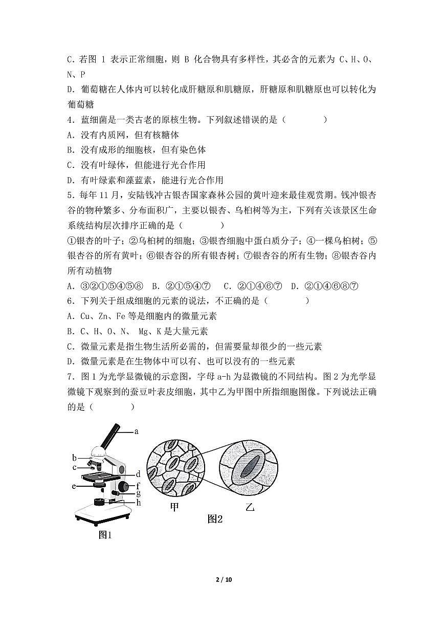 山东省东明县第一中学2025-2026学年高一上学期10月第一次教学质量检测生物试题(月考)第2页