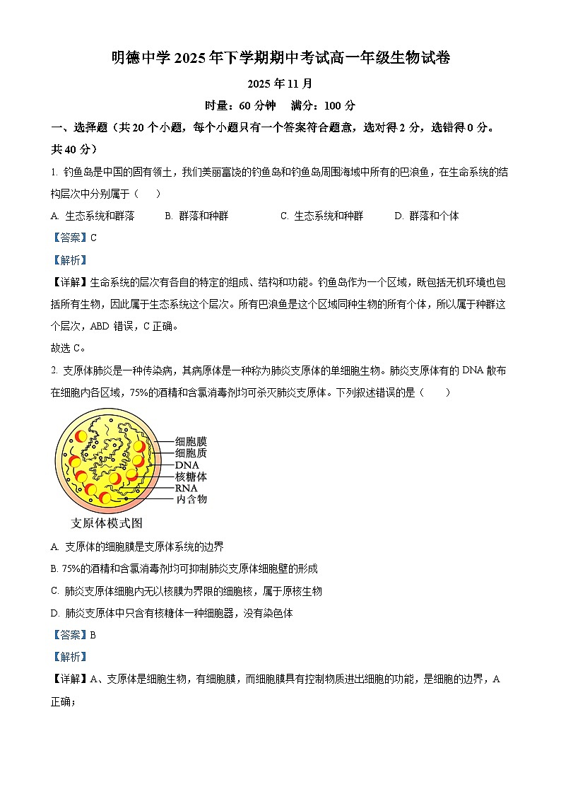 湖南省长沙市明德中学2025-2026学年高一上学期11月期中生物试题 Word版含解析第1页