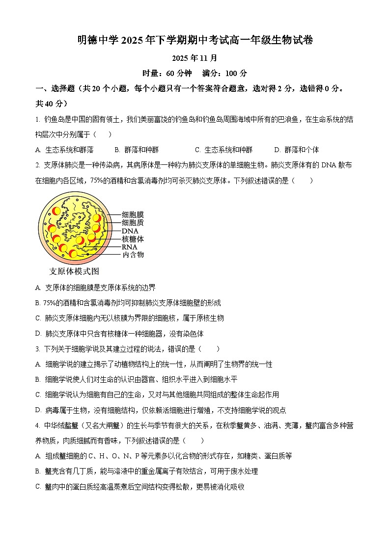 湖南省长沙市明德中学2025-2026学年高一上学期11月期中生物试题(原卷版)第1页