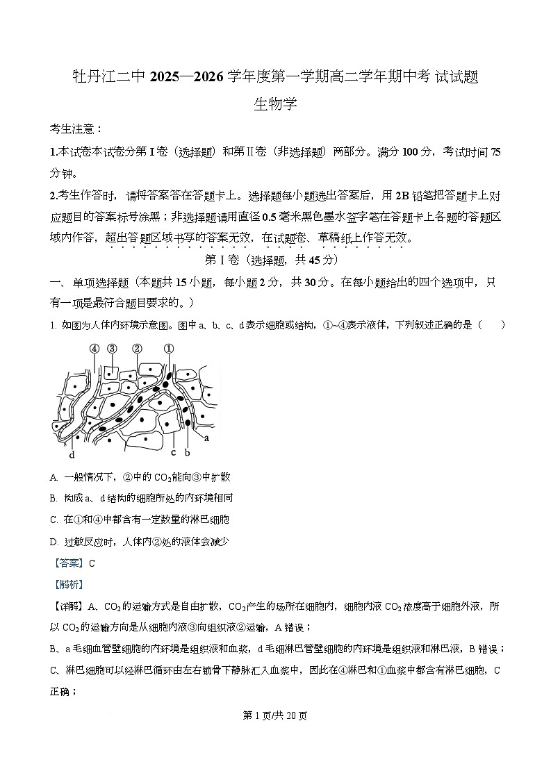 黑龙江省牡丹江市第二高级中学2025-2026学年高二上学期期中考试生物试题 Word版含解析第1页