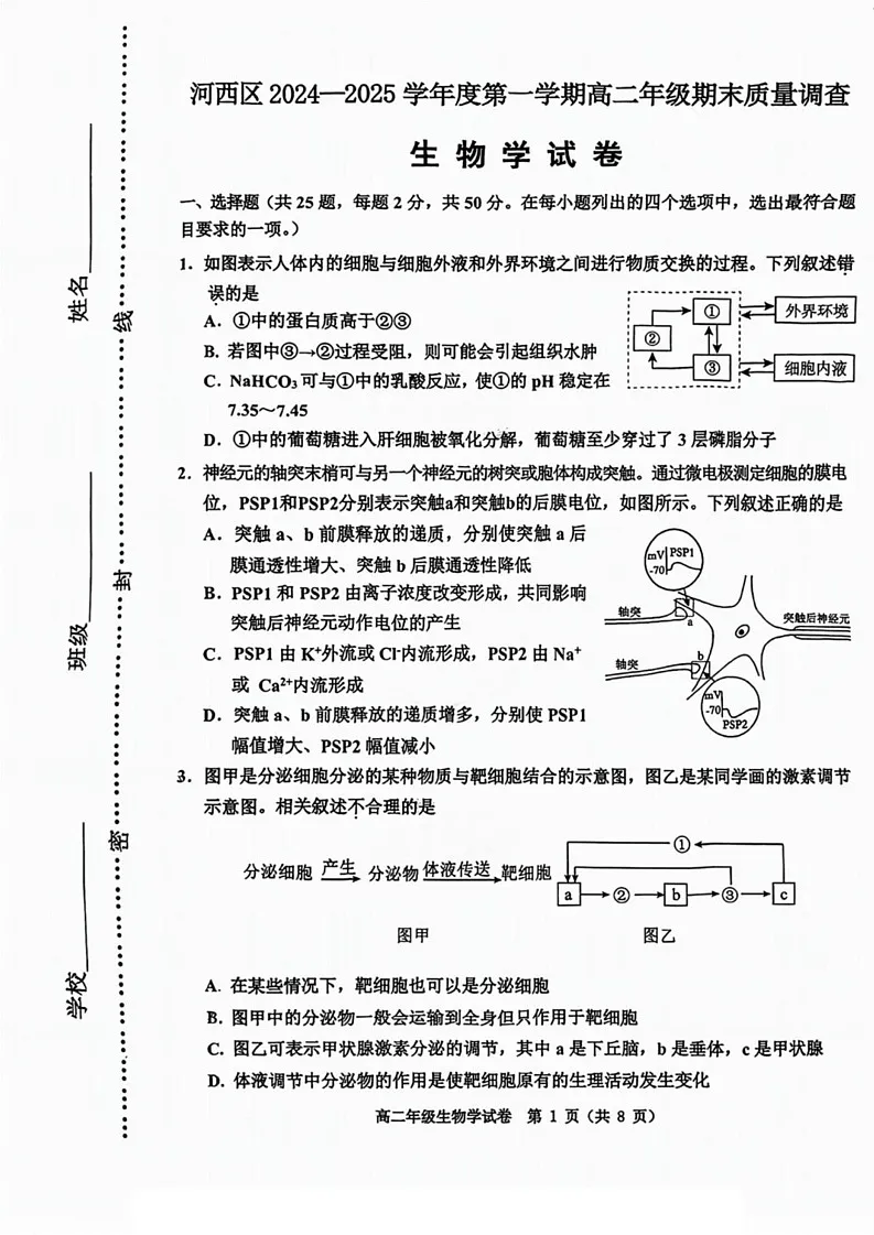 天津市河西区2024-2025学年高二上学期1月期末生物试题第1页