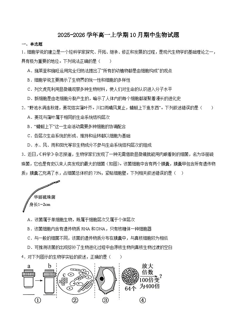 广东省茂名市重点高中2025-2026学年高一上学期10月期中生物考试 (含答案)第1页