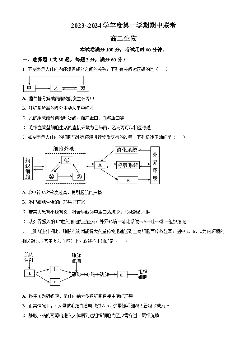 天津市第一百中学、咸水沽第一中学2023-2024学年高二上学期期中联考生物试题 (含答案)第1页