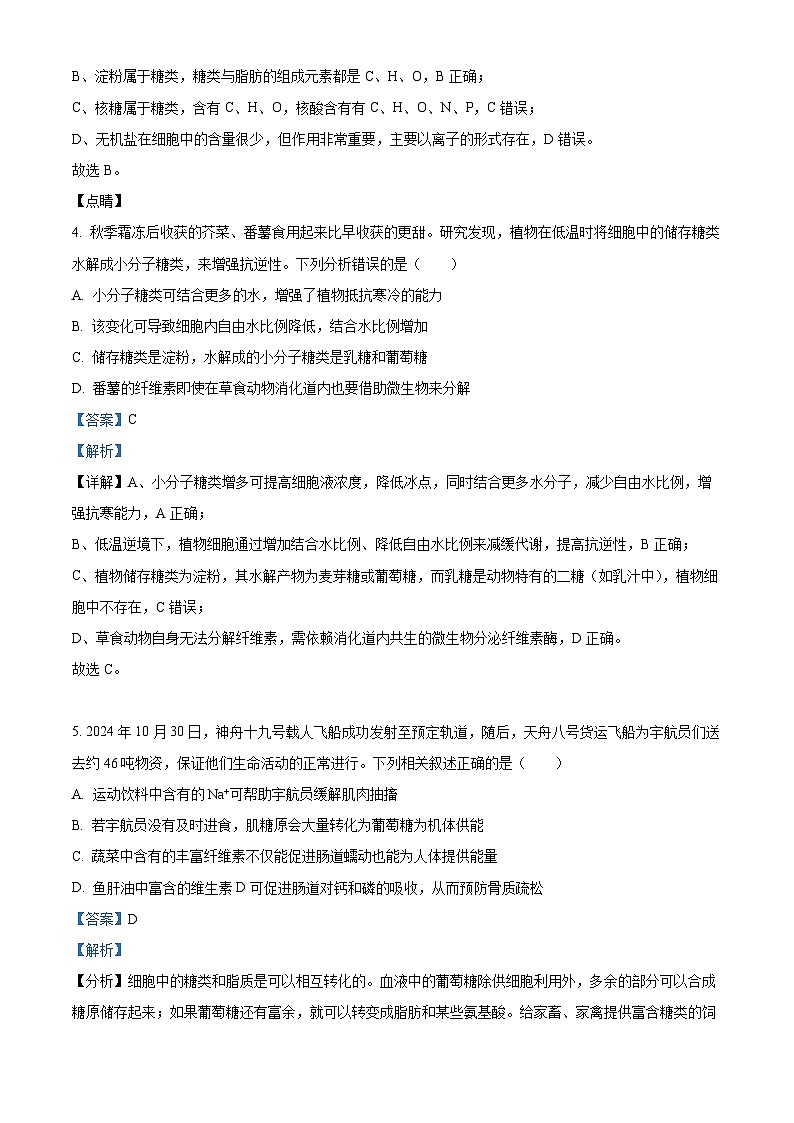 湖南省长沙市师大附中2025-2026学年高一上学期11月期中生物试题 Word版含解析第3页