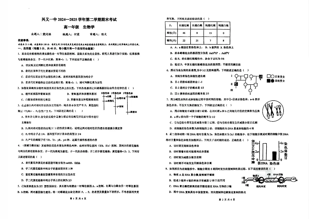 贵州黔西南布依族苗族自治州兴义市第一中学2024-2025学年高一下学期期末考试生物试题第1页