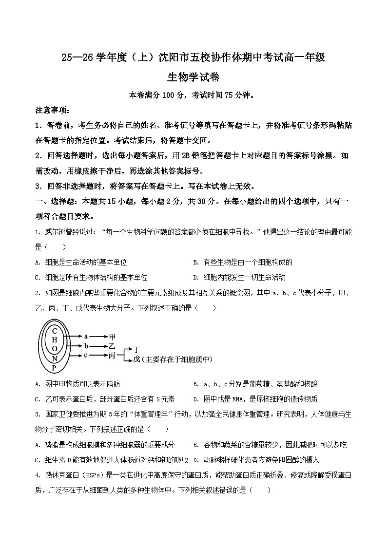 辽宁省沈阳市五校协作体2025-2026学年高一上学期期中考试生物试题(Word版附答案)第1页