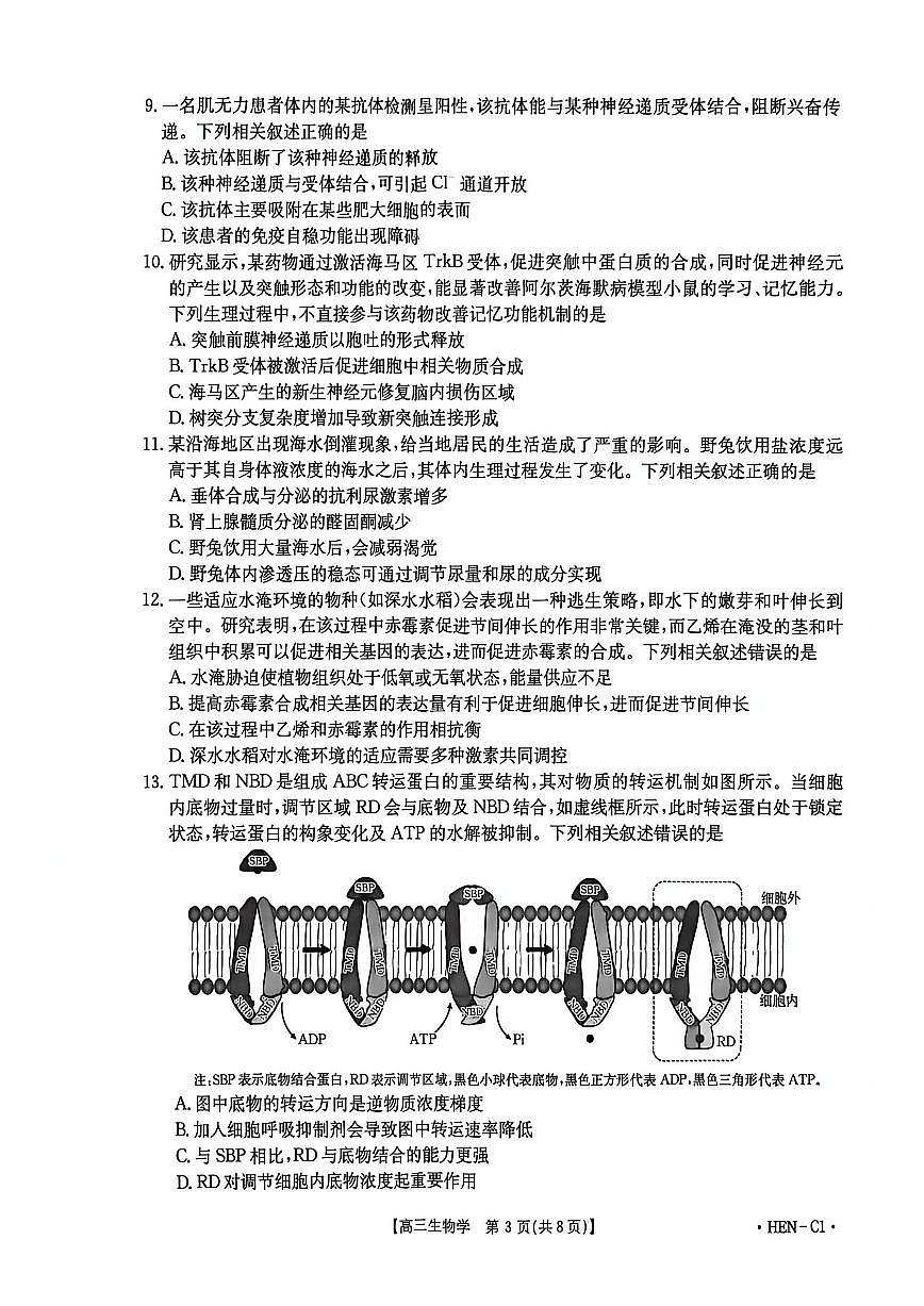 2025-2026学年第一学期河南省金太阳联考高三生物学试卷(含答案)第3页