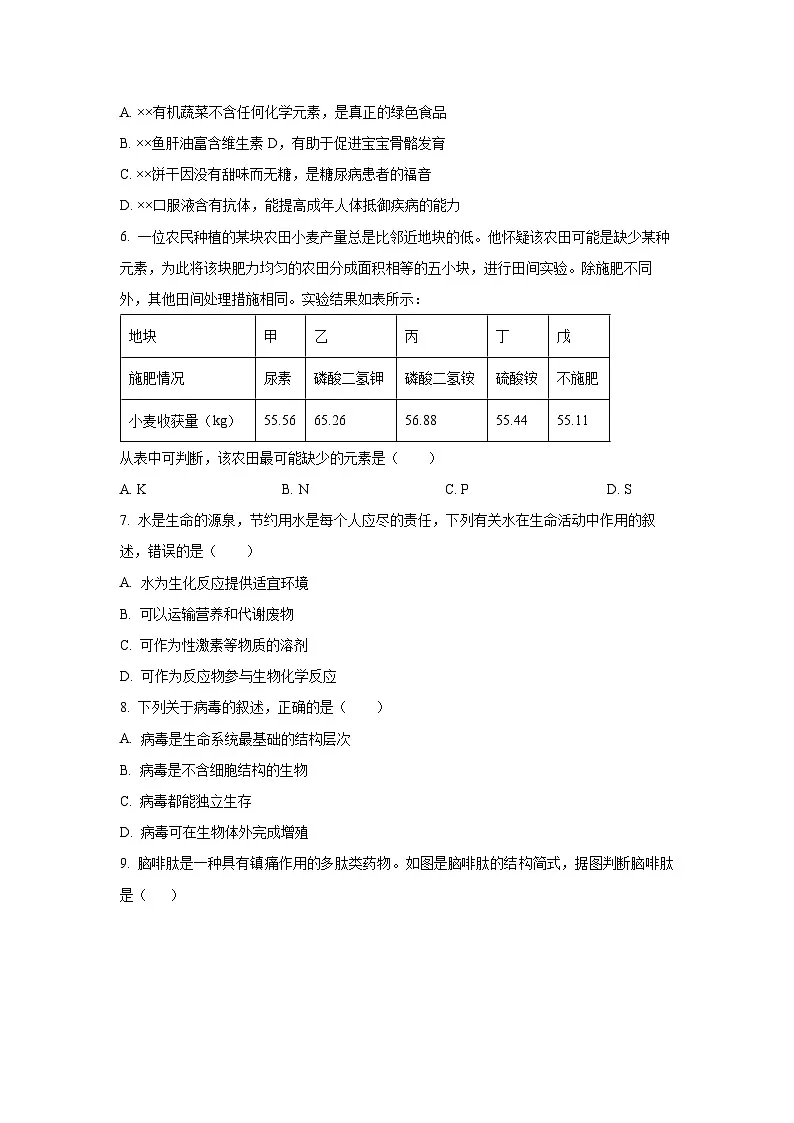 江苏省扬州市广陵区江苏省扬州中学2025-2026学年高一上学期11月期中生物试卷(学生版)第2页