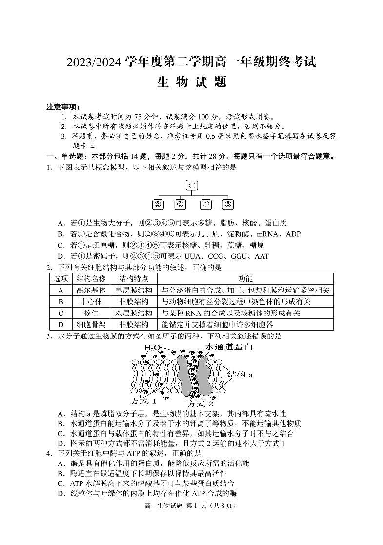 2024高一期末生物试卷第1页