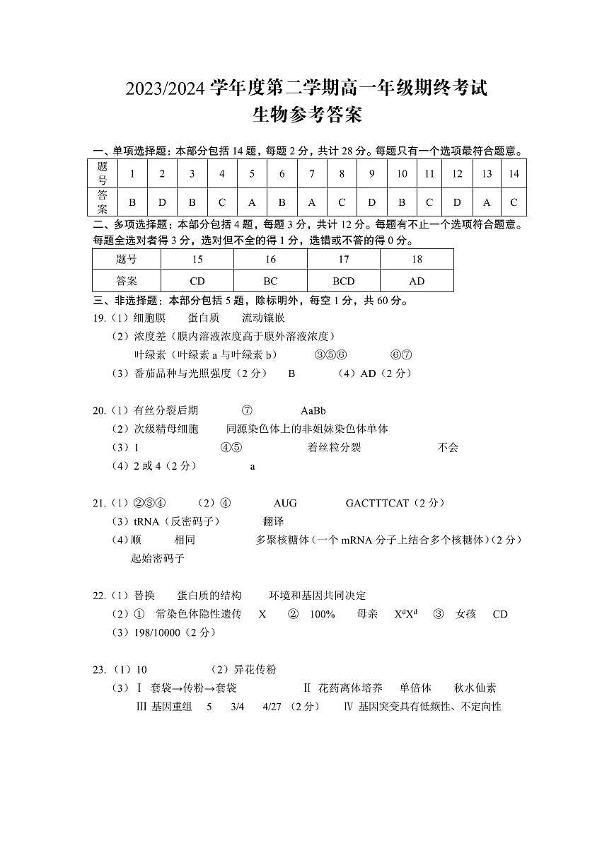 2024高一期末生物答案第1页
