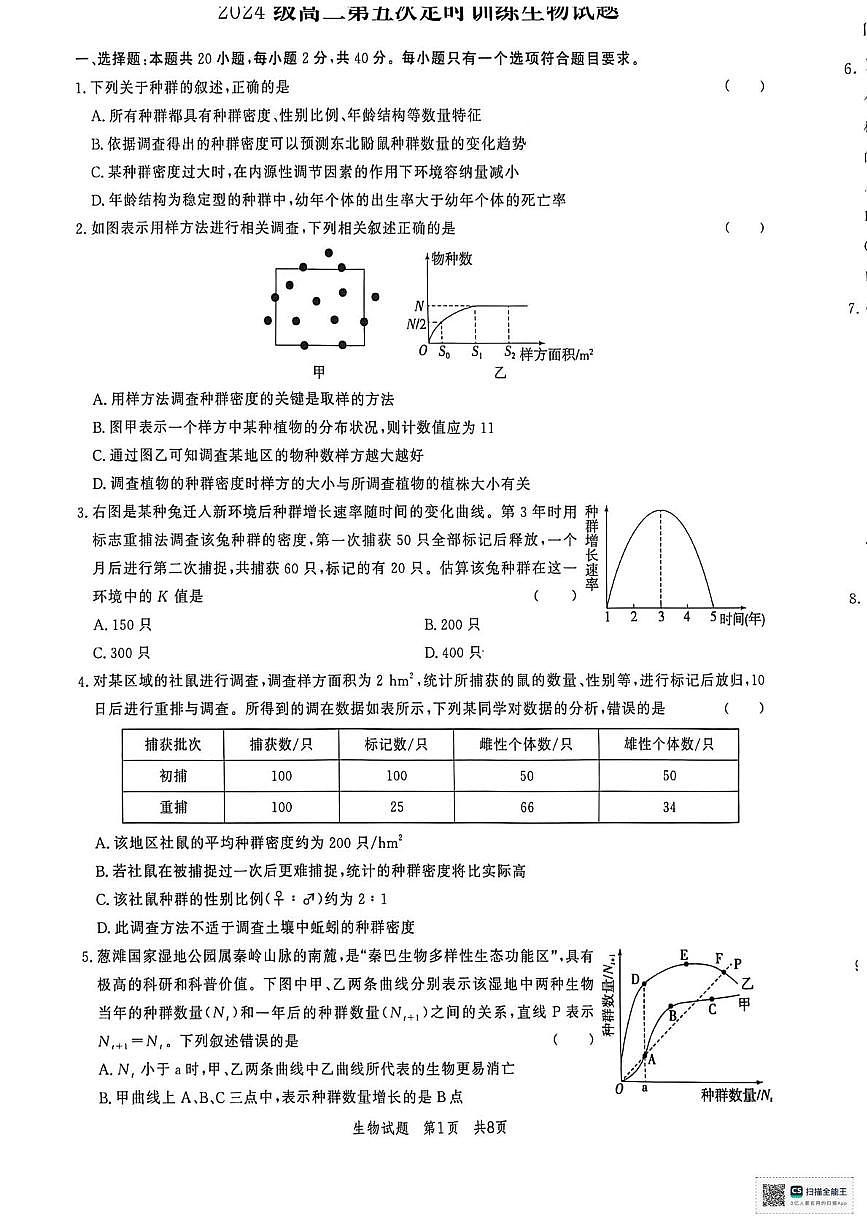 山东省鄄城县第一中学2025-2026学年高二上学期12月月考生物试题第1页