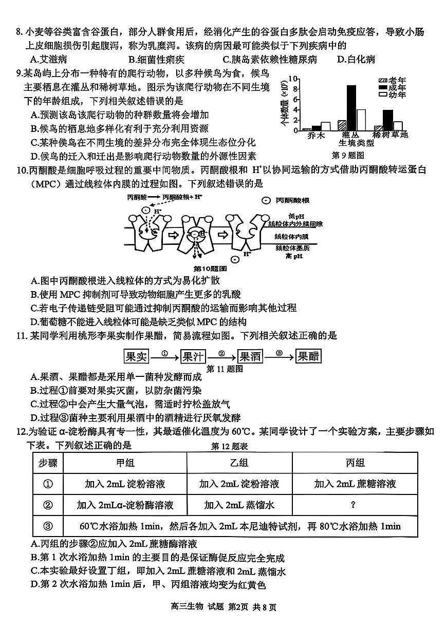 2025-2026学年第一学期浙江省精诚联盟适应性联考高三生物学试卷(含答案)第2页