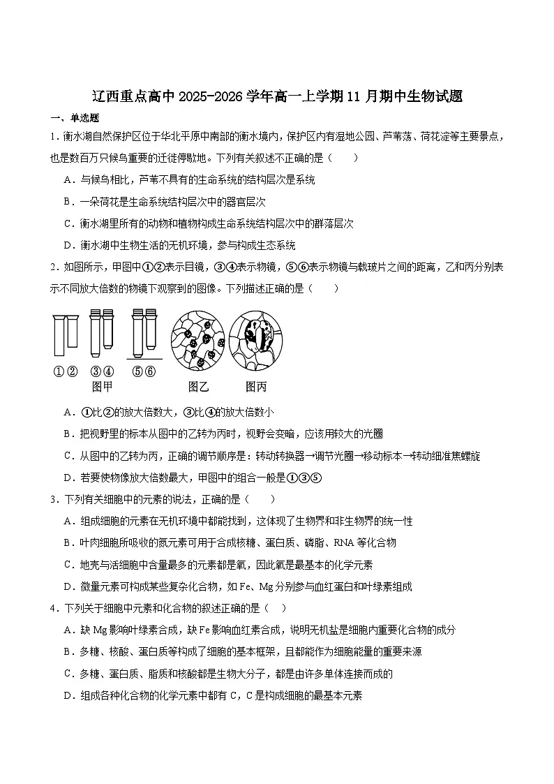 辽宁省辽西重点高中2025-2026学年高一上学期期中考试生物试卷(含答案)第1页