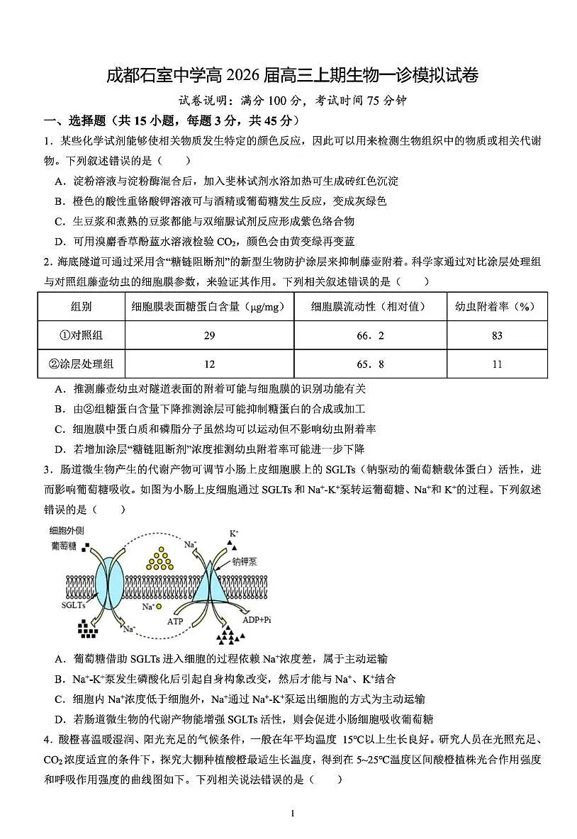 生物-四川省成都石室中学2025-2026学年度2026届高考一诊模拟考试题及答案第1页