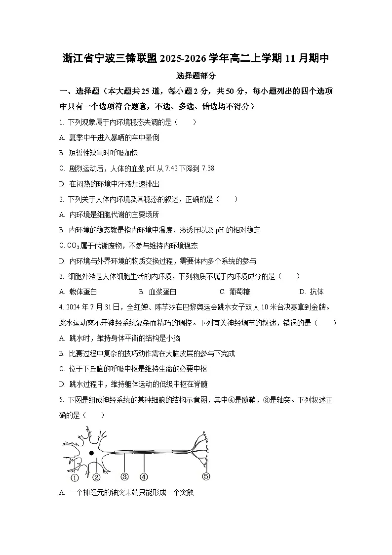 浙江省宁波三锋联盟2025-2026学年高二上学期11月期中生物试卷(学生版)第1页