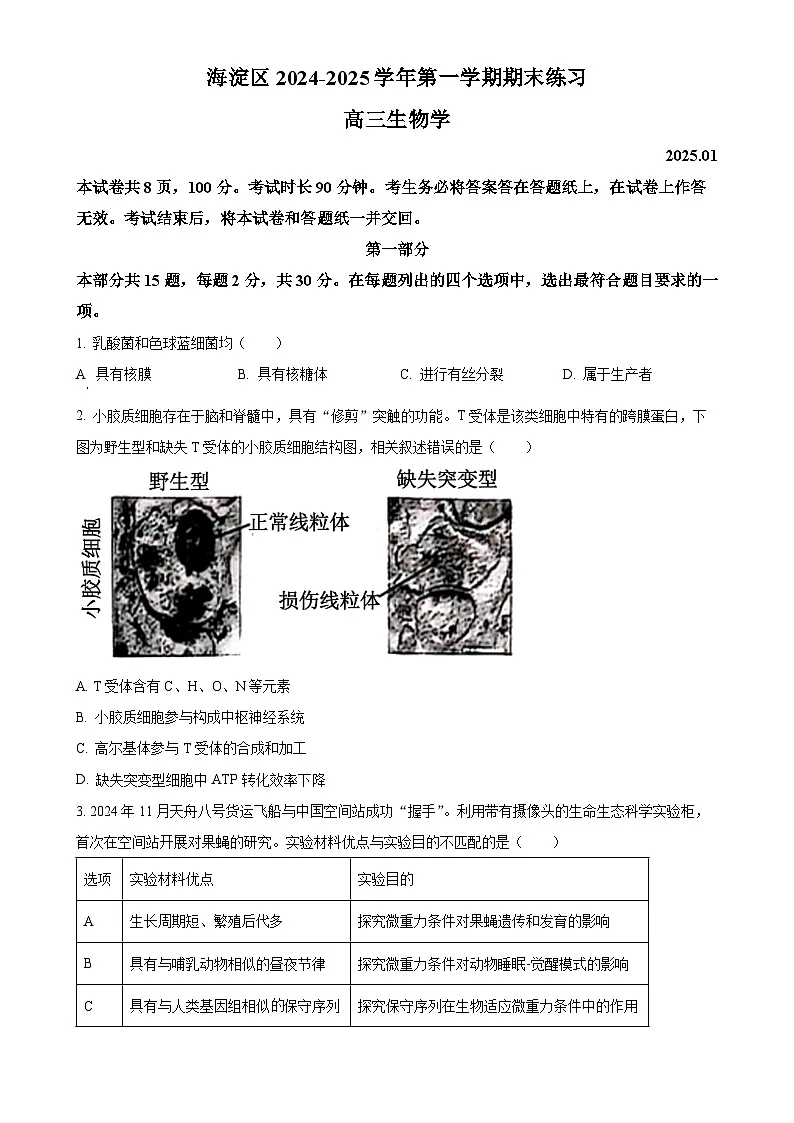 北京市海淀区高三上学期1月期末考试生物试卷(原卷版)-A4第1页