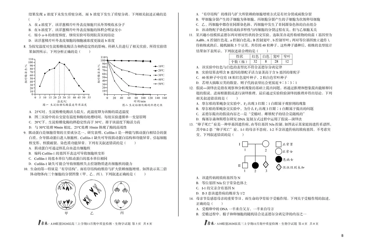 【8K生物学】(B卷)1号卷·A10联盟2026届高三上学期11月期中质量检测生物学B第2页