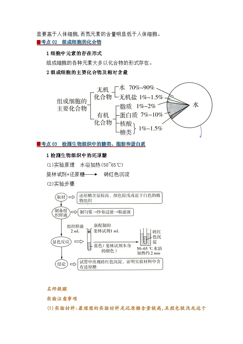 专题02 组成细胞的分子(word)2025-2026学年人教版高中生物必修一期末复习学案知识点+习题(原卷版)第2页