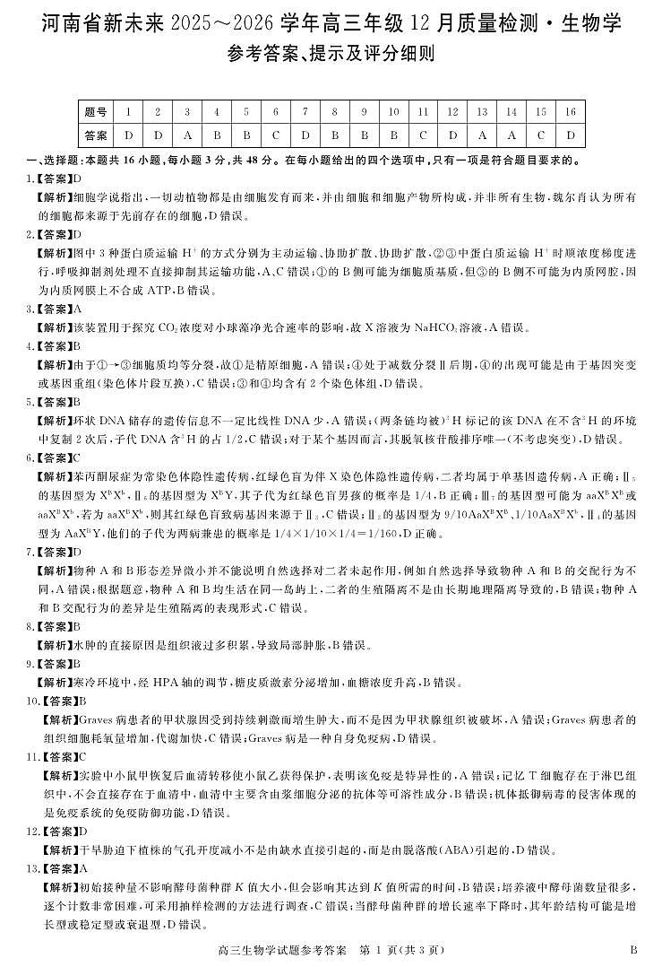 河南省新未来2025~2026学年高三年级12月质量检测生物答案第1页