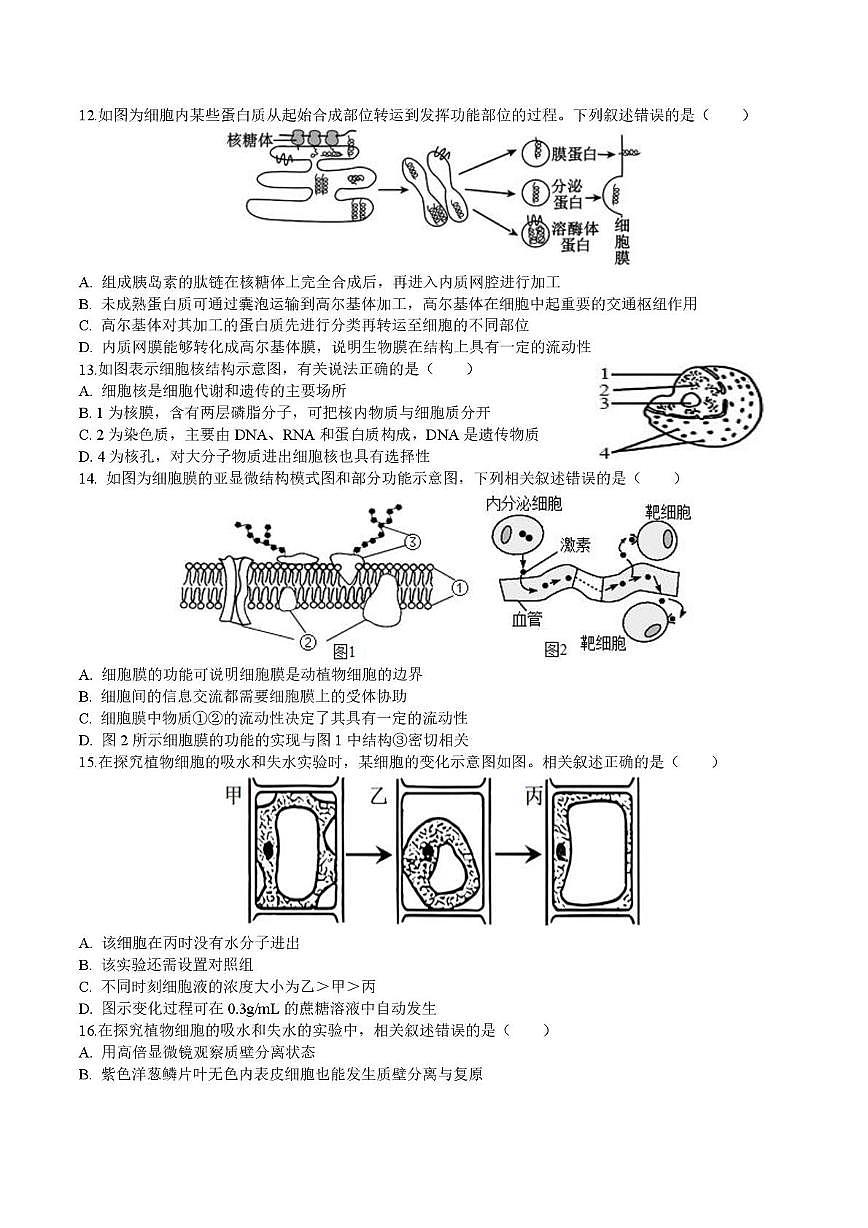 云南省玉溪师范学院附属中学2025-2026学年高一上学期12月月考生物试卷第3页