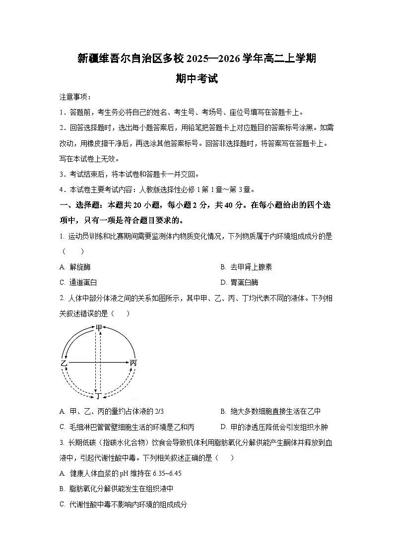新疆维吾尔自治区多校2025—2026学年高二上学期期中考试生物试卷(学生版)第1页