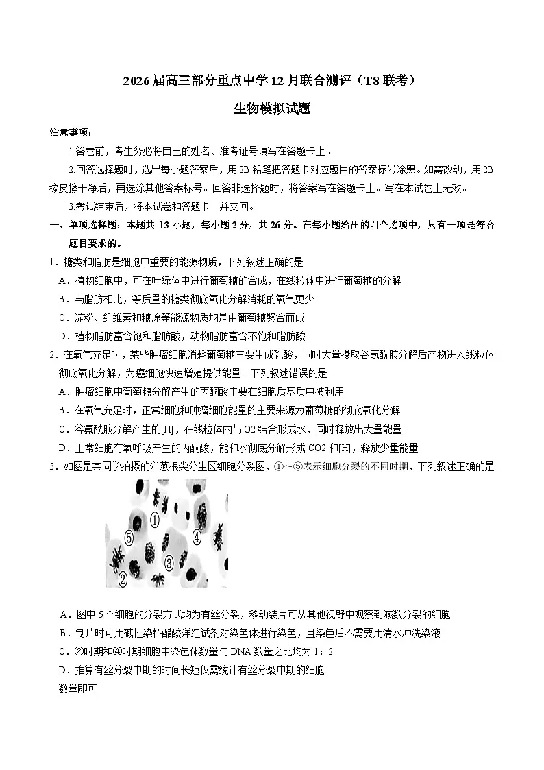 河北省部分重点中学2026届高三上学期12月联合测评(T8联考)生物试卷(含答案)第1页