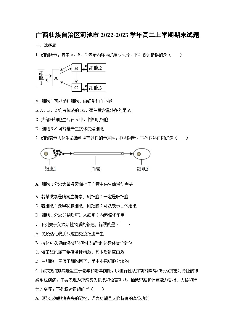 广西壮族自治区河池市2022-2023学年高二上学期期末生物试卷(学生版)第1页