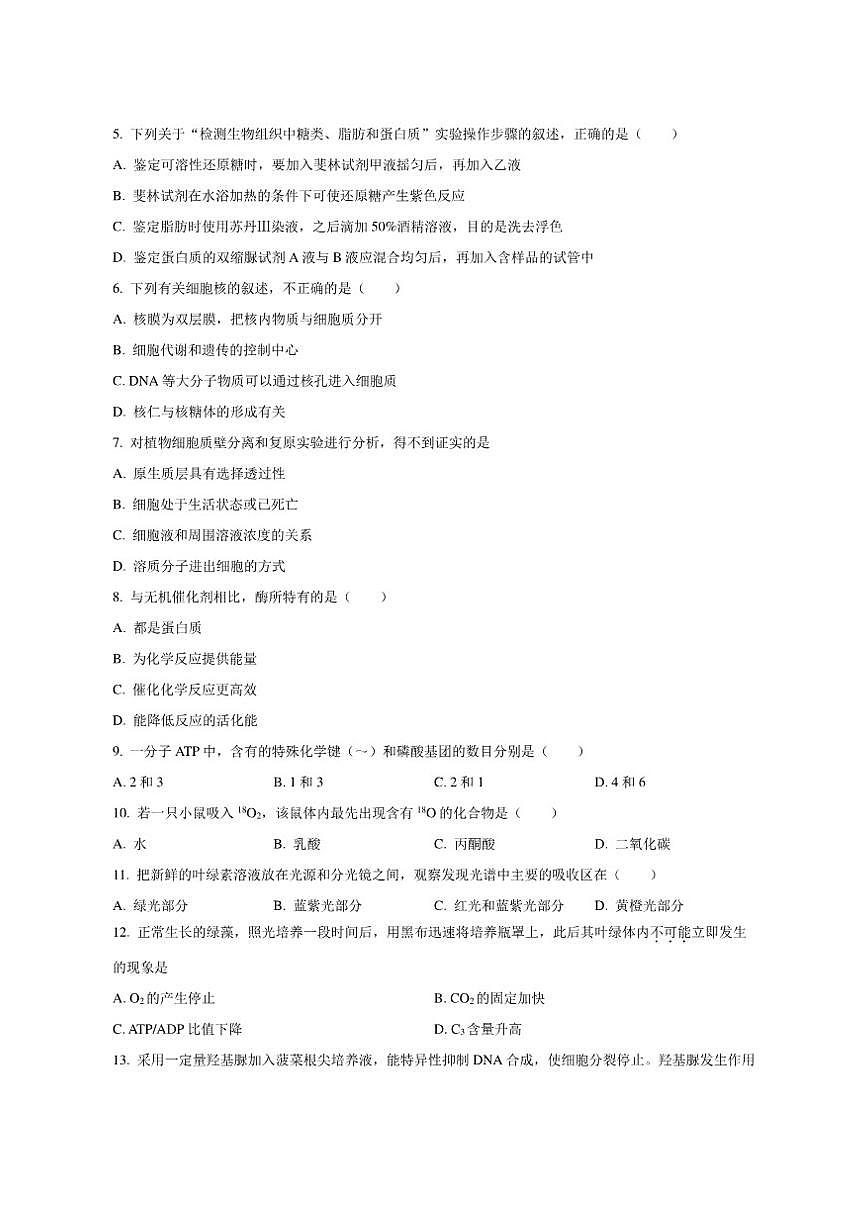 北京市海淀区2024-2025学年高一上学期1月期末考试生物试卷(含答案)第2页