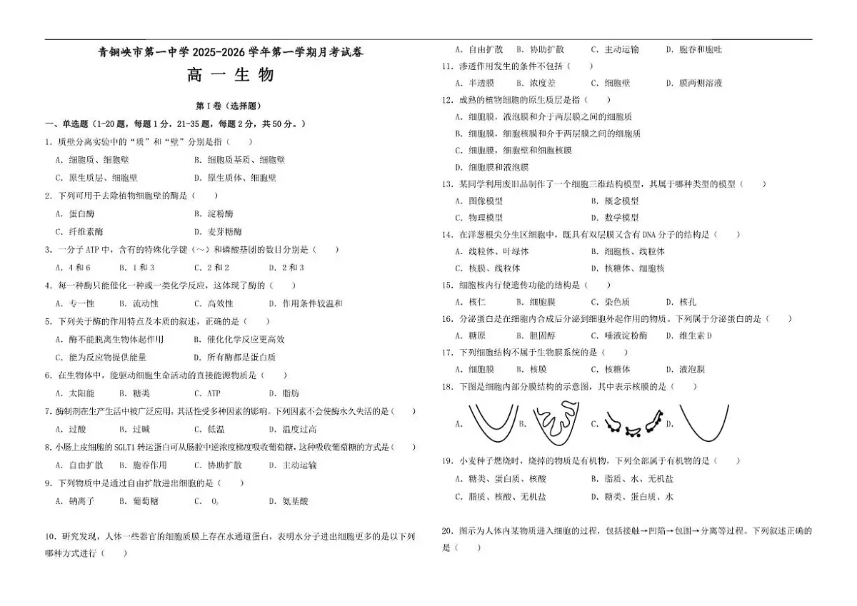 宁夏青吴忠市铜峡市第一中学2025--2026学年高一上学期12月月考生物试卷(有答案)第1页