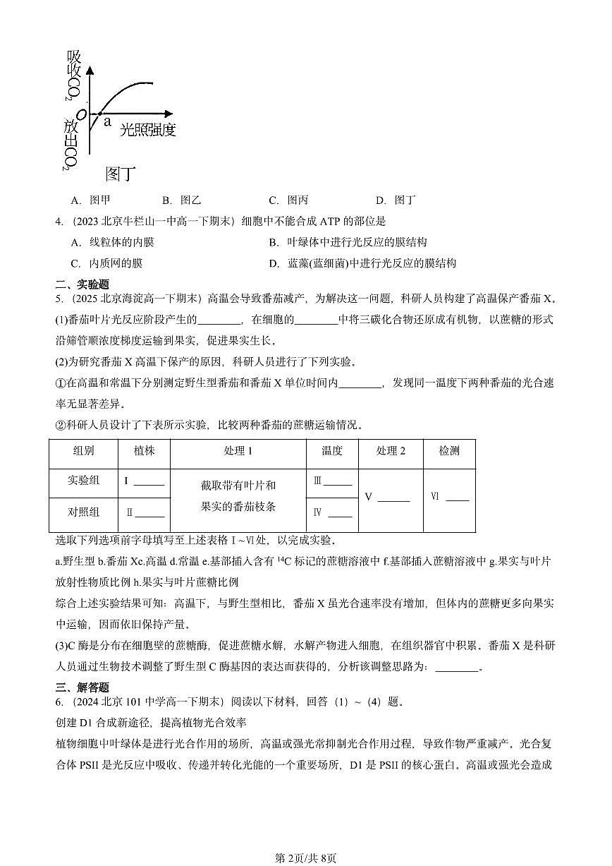 2023-2025北京重点校高一(下)期末生物汇编:光合作用与能量转化第2页