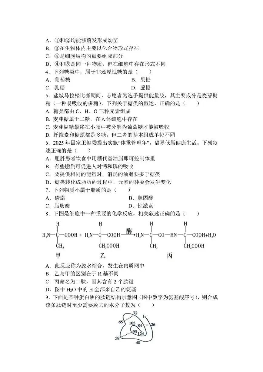 2025-2026学年江苏省盐城市五校联盟高一上学期12月月考生物试题(有答案)第2页