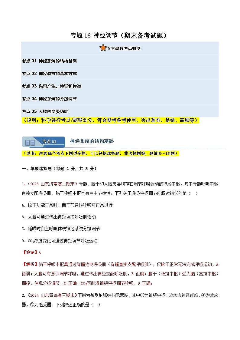 专题16 神经调节(期末备考试题)(解析版)第1页