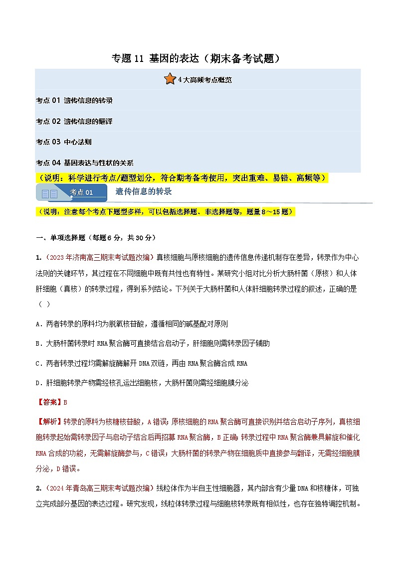 专题11 基因的表达(期末备考试题)(解析版)第1页