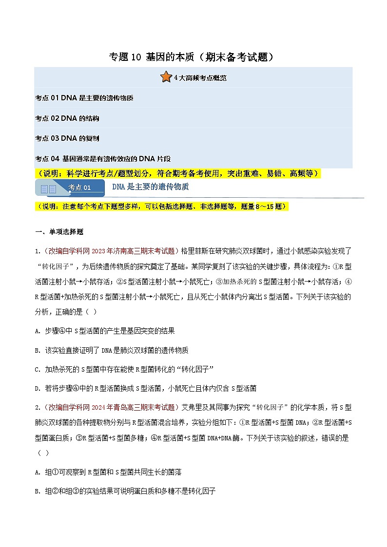 专题10 基因的本质(期末备考试题)(原卷版)第1页