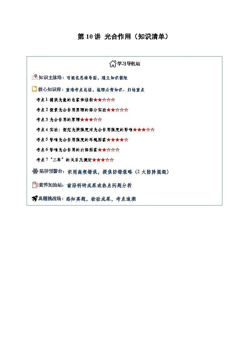 高考生物一轮-光合作用(知识清单)(全国通用)(原卷版)第1页