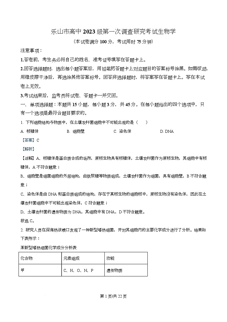 2026届四川省乐山市高三上学期12月第一次调查研究考试生物试题 Word版含解析第1页