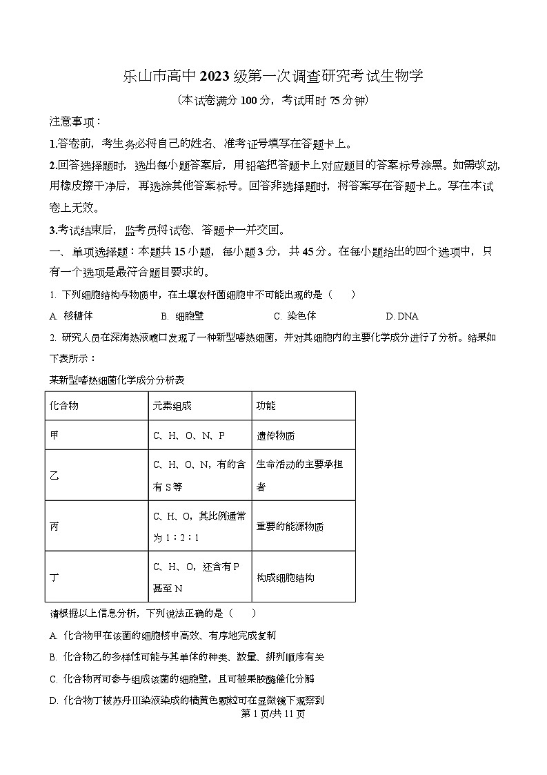 2026届四川省乐山市高三上学期12月第一次调查研究考试生物试题(原卷版)第1页