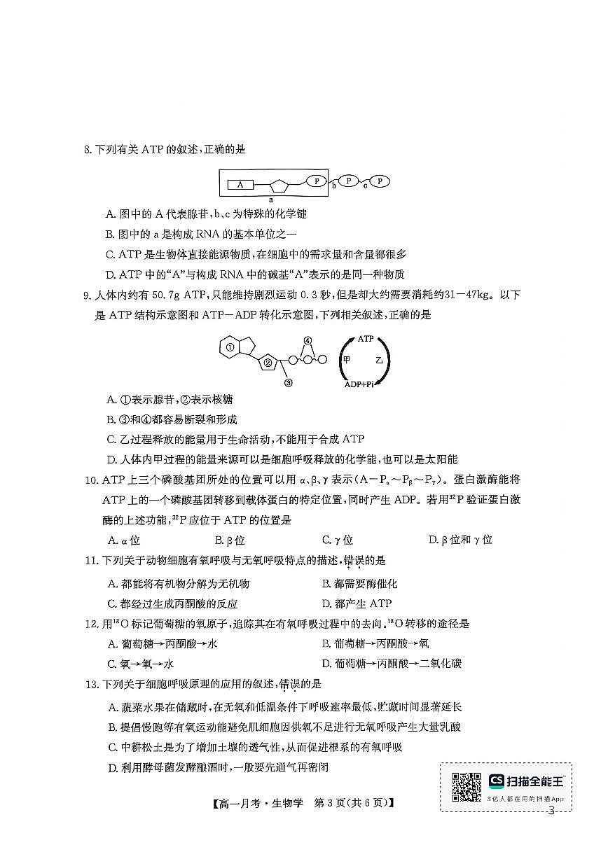 砚山一中2025年秋季学期高一年级上12月月考生物学试卷及答案第3页