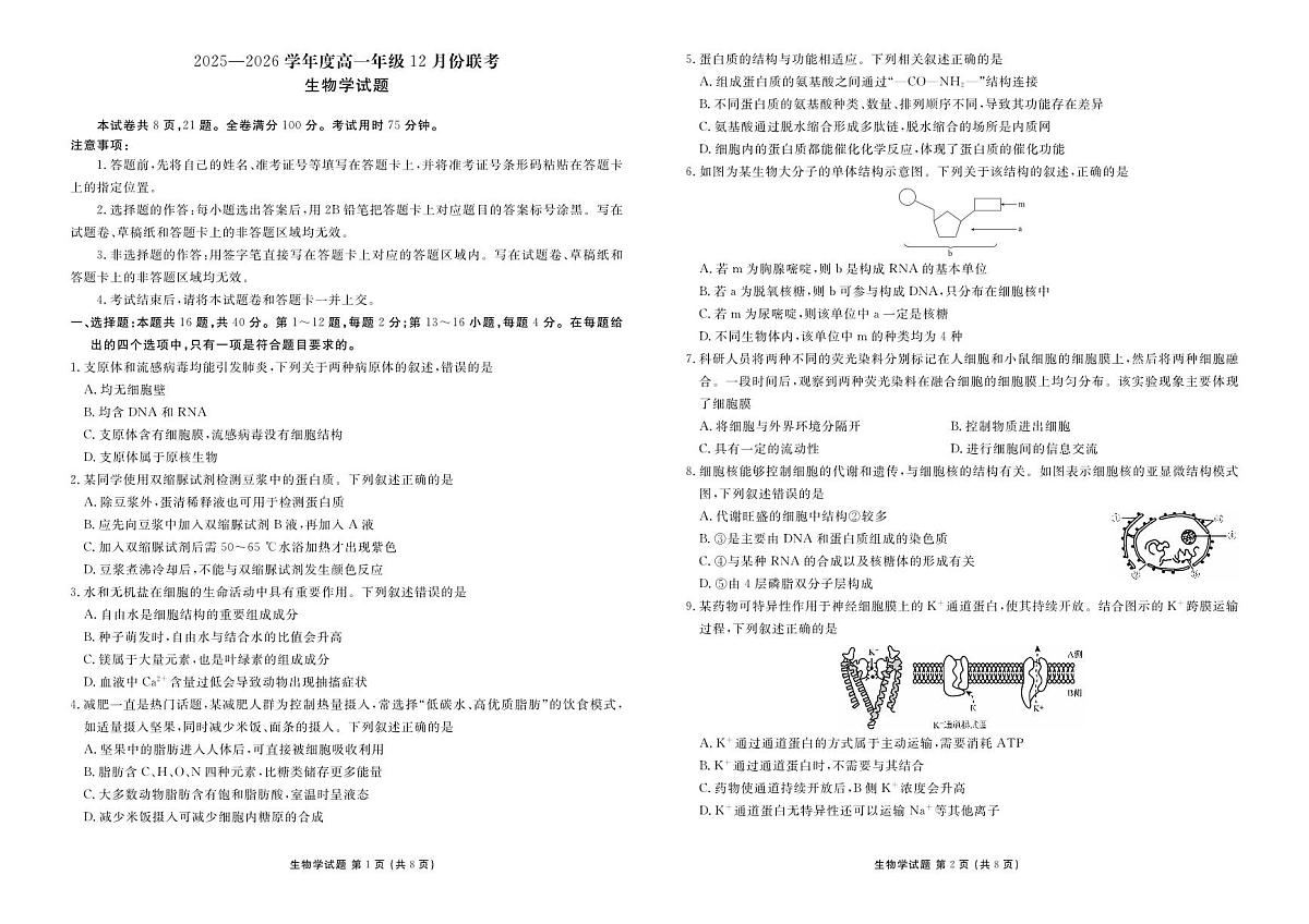 衡水金卷2025-2026学年度高一年级上学期12月份联考生物试卷(含答案)第1页