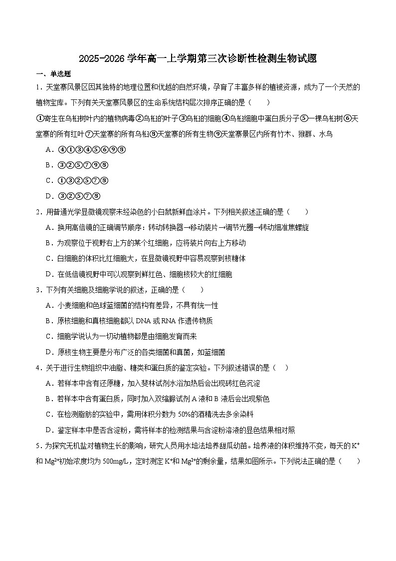 湖南省邵阳市重点高中2025-2026学年高一上学期1月诊断检测试题 生物(含答案)第1页