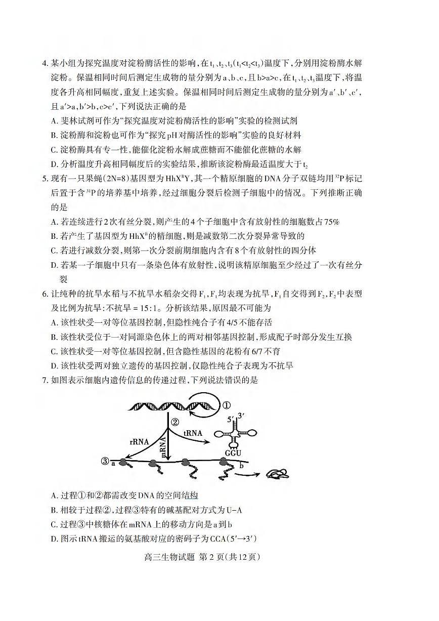 生物丨山东省泰安市2026届高三上学期1月期末考试试卷及答案第2页
