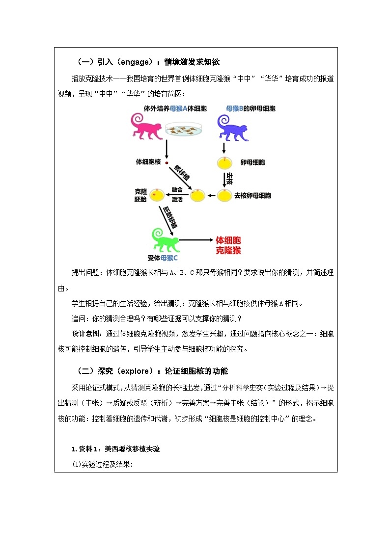 人教版高中生物学 必修1 分子与细胞3.3细胞核的结构和功能表格式教案第2页