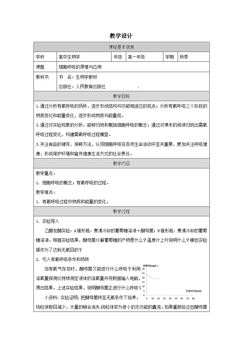 人教版高中生物学 必修1 分子与细胞5.3 细胞呼吸的原理和应用表格式教案第1页