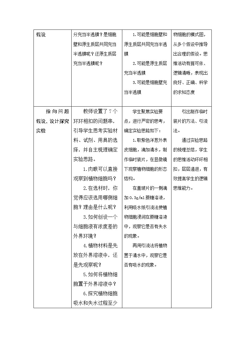 人教版高中生物学 必修1 分子与细胞第4章 探究·实践 探究植物细胞的吸水和失水表格式教案第3页